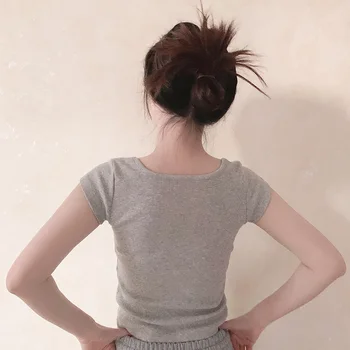 Drăguț Bumbac T-Shirt Femei De Vara Arc Pătrat Guler Maneci Scurte Elastic Slim Topuri Scurte Tee