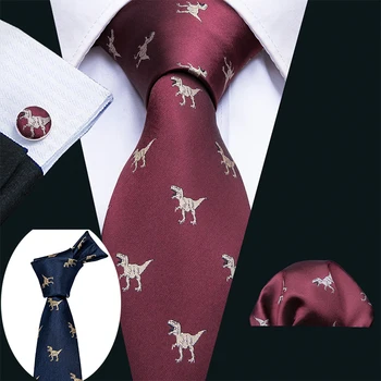 Roșu Barbati Cravate de Aur Dinozaur Barbati Cravate Batista Butoni Set de 8,5 cm Cravata de Afaceri Cravate de Mătase Pentru Bărbați Barry.Wang Design