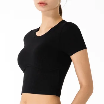 Stil nou Cu Logo-ul Yoga Haine Topuri de Cultură Tur Tie Pad Piept Mâneci Scurte Femei Filetate Întinde Sport Fitness T-Shirt