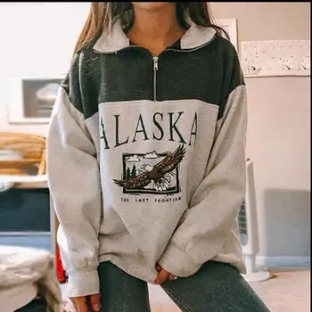 Alaska Scrisoare Tricou Femei Casual, Guler Cald Vintage Maneca Lunga, Pulovere Cu Fermoar Fleece Moda Uza Liber Toamna Anului 2022