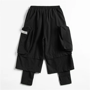 Fals două Piese Pantaloni Joggers Bărbați Pantaloni Largi 2021 Toamna Hip Hop Streetwear Cargo Pant Black WB288