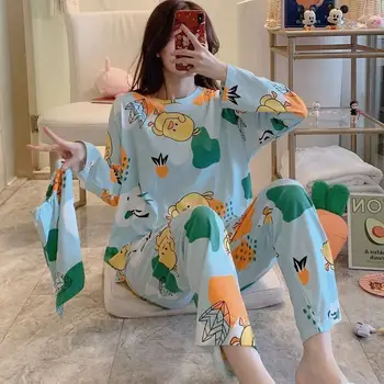 Coreea Style Femei Pijama Set de Două Piese Primăvară Maneca Lunga Pulover de Sus Pantaloni Imprimate Body Pijamas pentru Femei Pijamale