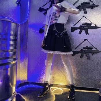 HOUZHOU Gotic Kawaii Fusta Mini Femei Harajuku Arc Dantelă Brodată Mozaic-linie Goth Fusta Stil Japonez E Fata Vara