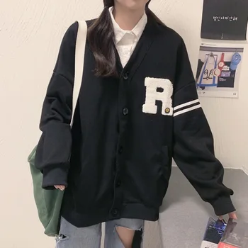 Harajuku scrisoare broderie v-neck hoodies femei cu Maneci Lungi Tricou Supradimensionat buzunar cardigan jacheta y2k haine casual hoodie