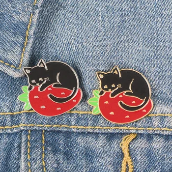 Fructe Capsuni Cat Email Ace Pisica Neagra Broșe Kitty Insigne, Broșe pentru Femei Drăguț Kawaii Pin Rever Bijuterii Cadouri pentru Femei