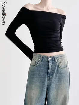 Sweetown Negru Solid Slash Gât Elegant Cu Maneca Lunga Topuri De Moda Coreeană Slim Sexy Trunchiate Tricou Femei Îmbrăcăminte Toamna