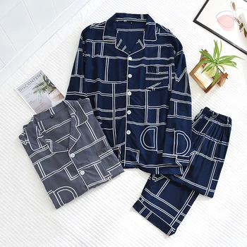 Noua Primavara-Vara Bărbat Subțire Plus Dimensiunea Îmbrăcăminte De Noapte Geometrice Cardigan Homewear Cu Mâneci Lungi, Pantaloni Vascoza Pijamale Pentru Bărbați Seturi