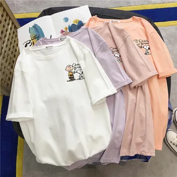 Anime vara cu Maneci Scurte T-Shirt Desene animate Snoopyed Echipajul Gât Bumbac Tricouri Femei All-Meci Confortabil Jumătate Maneca Top Cadouri