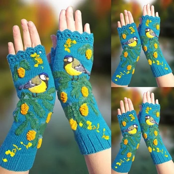 Femei Toamna Tricotate Mănuși De Degete Boho Etnice Pasăre Florale Brodate Jumătate Degetul Gaura Mare Cu Un Deget Mână Mai Calde