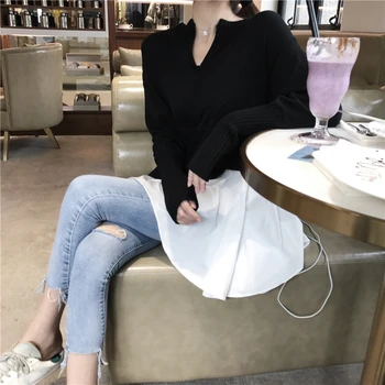 Mozaic Alb Negru Pulover Tricotate Femei Designer Fals Două Piese Pulovere Maneca Lunga Coreean Elegant Pulover Office Lady X560