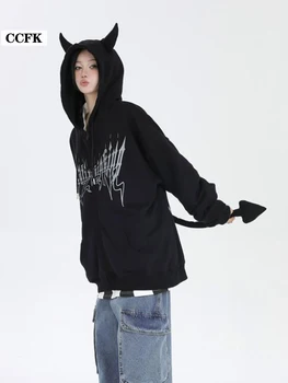 Emo-Zip până Hoodies Femei Bărbați Estetice Hip Hop Streetwear Y2K Tricou cu Corn de Diavol Coada Toamna E-fată Punk Grunge Haine