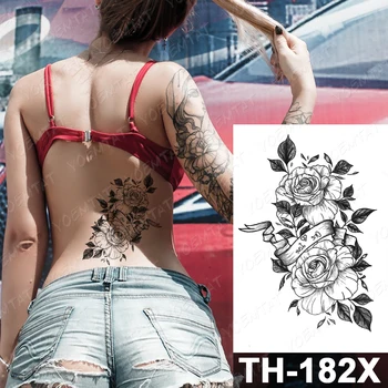 Romb Bujor Trandafir Tatuaj Temporar Autocolant Pentru Barbati Femei Adulte Flori Impermeabil Fals Henna Linii Minimaliste, Body Art Tatoo