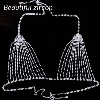 Moda sexy cristal sutien bijuterii strălucitoare Stras bikini piept lanț plaja bijuterii t-lant de Ziua Îndrăgostiților accesorii