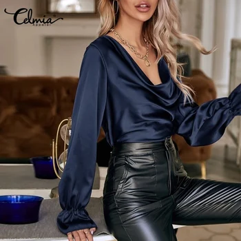 Celmia 2022 Elegant Glugă Gât Satin Bluze Femei De Primăvară De Toamnă Lungă Flare Casual Cu Maneci Topuri Supradimensionate Doamna Eleganta Sexy Blusas