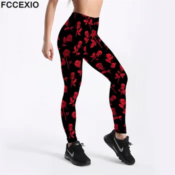 FCCEXIO Sexy Femei de Fitness sală de Gimnastică Jambiere Push-Up Talie Mare Trandafir Roșu craniu de imprimare Antrenament Slim Leggins de Moda Casual Pantaloni Mujer