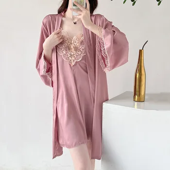 Noi Feminin Kimono-Halat De Baie Rochie Sexy De Dantelă Albă Haină De Nuntă Set De Cămașă De Noapte De Primăvară-Vară Casual Pijamale Satin Acasă Rochie Set