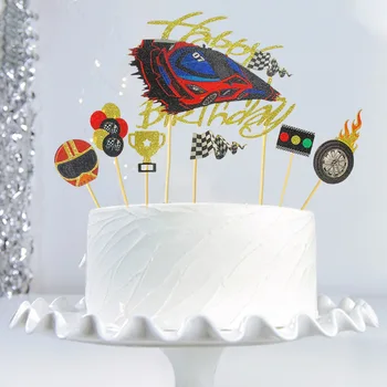 Masina de curse Tort Fân la mulți ani Decorarea Drapelului de Anvelope Balon semafor Anniversaire Petrecere de Copt DIY Cupcake Toppers