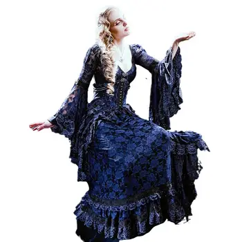 Victorian Gotic Nunta Rochie bleumarin din Dantela Doamna Queens Mariposa Steampunk Maneca Lunga Retro Film Mascarada Rochie de mireasa