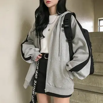 Harajuku Supradimensionate Haina Jacheta Femei Stil Coreean Zip Fleece Hanorac Student Toamna Casual Solidă Maneca Lunga, Hanorac