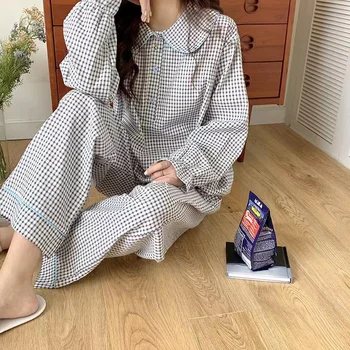 Noi 2 Bucati Femeie Pijamale De Primăvară De Toamnă Costum Coreeană Sleepwear Carouri Maneca Lunga Print Homewear Body