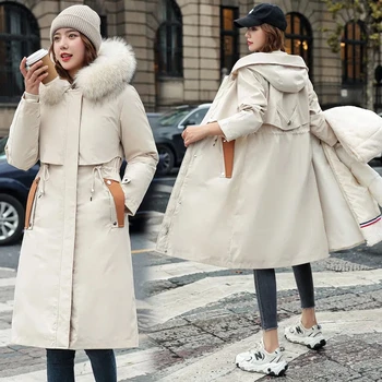 2022 Noua Jacheta De Iarna Pentru Femei Hanorac Fashion Haină Lungă De Lână Căptușeală Hooded Parka Subțire Cu Guler De Blană Cald Detasabila Zăpadă Purta