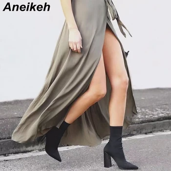 Aneikeh Slim Stretch Glezna Cizme pentru Femei a Subliniat Deget de la picior Ciorap Cizme Pătrat Cizme cu Toc Înalt Pantofi de Femeie de Moda Bota Feminina 41