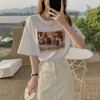 3 Dimensiuni de Cauzalitate Charcter Tipărite Toate se Potrivesc cu Maneci Scurte Vintage Simplu Stradă Moda coreeană Femei Bază Femeie Top T-shirt
