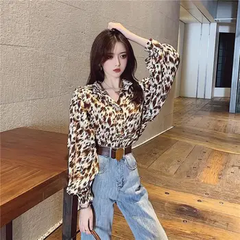Bluza Tricou Femei Leopard de Imprimare Șifon Femei Primavara Felinar Maneca Vrac Imprimate Tricou Maneca Lunga Blusas Mujer De Moda