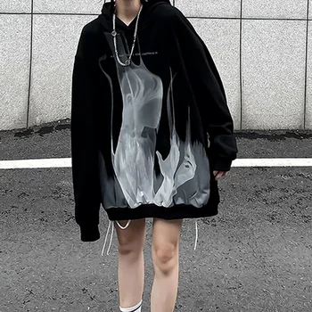 Deeptown Gotice Emo Tipărite Negru Hoodies Femei Harajuku Streetwear Punk Pereche Feminin Pulover Cuplu Tricoul Goth Mall-Ul De Sus