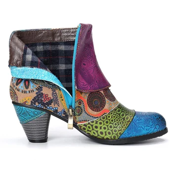 Vintage Despicare Tipărite Glezna Cizme Pentru Femei Pantofi pentru Femeie din Piele PU Retro Bloc Tocuri inalte Boem Doamnelor Iarna, Ghete