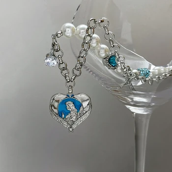 MENGJIQIAO 2021 Moda Vintage Neregulate Colier de Perle Pentru Femei Doamnelor Elegante de Metal Albastru Inima Pandantiv Colier Petrecere Bijuterii