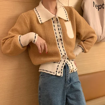 Stil Coreean Scurt Cardigan Tricotate De Toamna Iarna De Culoare De Contrast Maneca Lunga Single-Breasted De Epocă Pulover Haina Tricotaje Topuri