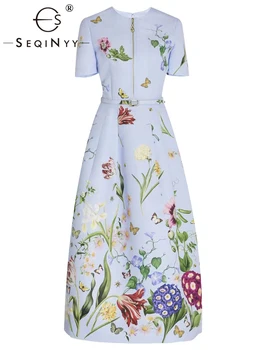SEQINYY Bumbac Rochie de Vară de Primăvară Nou Design de Moda Femei Pista de Epocă de Înaltă Calitate Imprimare de Flori Subțire Elegant Centura