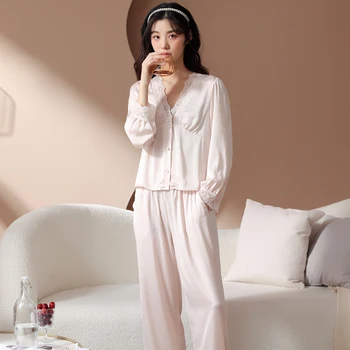 Pijama Satin Set Primavara Toamna Matase Cu Maneci Lungi Femei Lenjerie Pijama Femei Supradimensionat Sleepwear Set Elastice Pantaloni Lungi