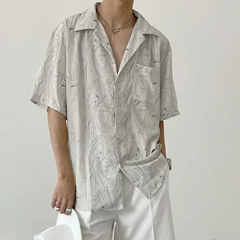 Vară Leneș Casual cu Maneci Scurte Îmbrăcăminte pentru Bărbați Model de Val Tricouri Barbati Retro Avansate Rever Moda Noua Camasi pentru Barbati A05