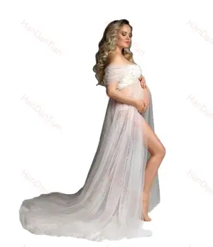 Rochie de maternitate front Deschis pentru sedinta Foto Tul cu Perle Off-the-umăr Dantelă-Up Înapoi