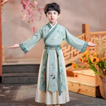 Toamna Copii Verde Macara Broderie Hanfu Tang Costum Stil Chinezesc Copii Costume De Dans Băieți Tradiționale De Performanță Etapă De Uzura