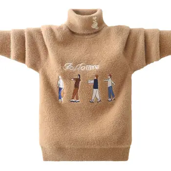 Copilul Guler 4-17T mare de copii Toamna iarna tricot camasa guler turndown Imitație de blană de nurcă de catifea pulovere calde jacet bottom tricou