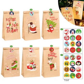 24Sets Crăciun Pungi de Hârtie Kraft de Crăciun Advent Calendar Numere Autocolante de Vacanță Bomboane Cookie Pungă Ambalaj Cadou Consumabile