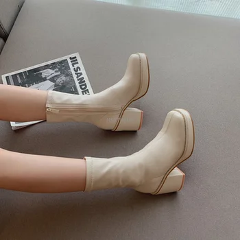 2021 Noua De Toamna Iarna Pentru Femei Cu Fermoar Rotund Toe Papuceii 2021 Nou Brand De Moda Din Piele Glezna Cizme Low-Toc Patrat Chelsea Pantofi