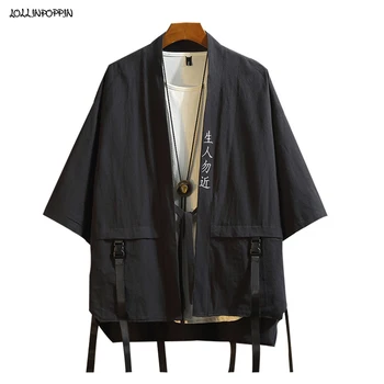 Streetwear Oameni De Litere Si Broderii Florale Kimono Negru Tricou 2022 Vara Picătură De Umar, Catarama Curea Panglici Deschide Placket