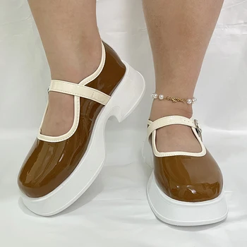 Lucyever 2022 Platforma Pantofi Mary Jane pentru Femei Glezna cu Cataramă Pantofi de Piele de Brevet Femeie de Culoare Amestecat Tocuri Groase Pompe de sex Feminin