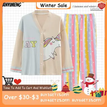 Rainbow Unicorn Toamna Set de Pijama pentru Femei din Bumbac Kimono V-neck Doamna Sleepwear Kawaii Cardigan Fete Pijamas Casual, haine de casă