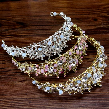 De Lux, Cristale Roz De Mireasa Tiara Bentita Handmade Mireasa Stras Diademă Ramură Perle Regina Coroana Femeile Rochii De Păr Bijuterii