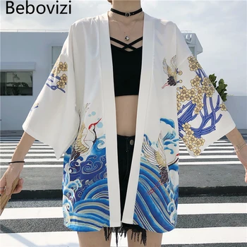 Bebovizi Vara Macara Print Kimono cu Centura Haori Femei Cardigan Surblouse Japoneză Tradițională Plaja Harajuku Sexy Yukata
