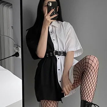 Alb și negru Supradimensionat Tricou Maneca Scurta de Buton-Up Guler Yin Yang Topuri Harajuku Femei e-fată Casual de Stradă /