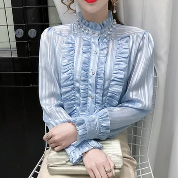 Palatul Regal Stil Gotic Pearl Margele Bluza Victorian Guler Înalt Volane Plisate Tricou Ropa De Mujer Gotic Steampunk Bluza