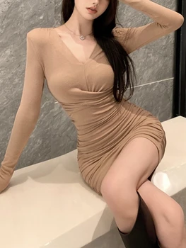 Iarna Solidă Rochie Sexy Femei Elegante coreeană de Moda Rochie Bodycon Mini de sex Feminin cu Maneci Lungi V-neck Slim Chic Rochie de Petrecere 2022 Noi