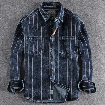 Europene de Moda de Mare și Înalt Mans Cămașa de Jeans Primavara-Vara Barbati Stripe Shirt Denim Călătorie Strada Tricouri Brand de Îmbrăcăminte Mans
