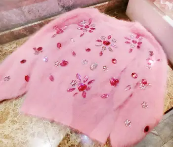 Cakucool Noi Femeile Nurca Păr Pulovere Femei de Primăvară Diamante Roz ștrasuri din Mărgele Batwing Pulover Pierde O-gât Dulce Pulover Pulovere